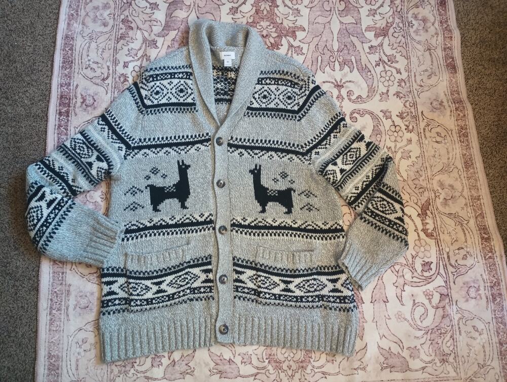 Old Navy Mens Llama Shawl Cardigan XXL Wool Blen Chunky Grandpa Fair Isle Cabin